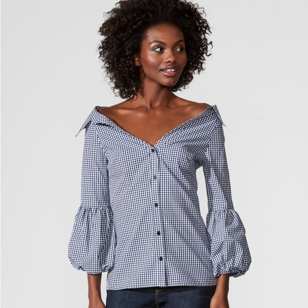 Bailey 44 bleeding heart gingham 100% button down cotton top bubble sleeves XS